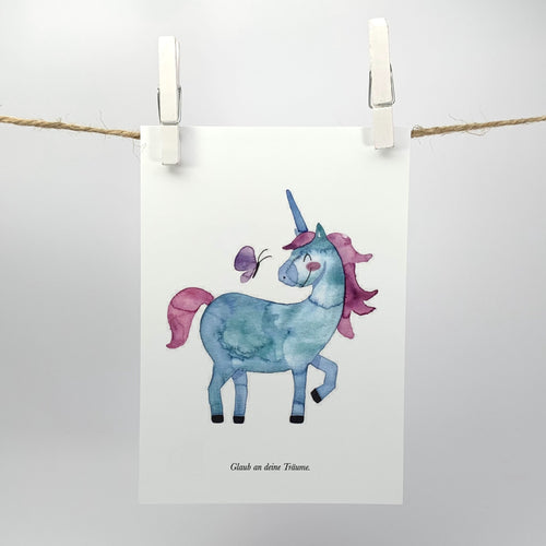 Postkarte Glaub an deine Träume mit Einhorn hergestellt von fuerdiekleinen aus Österreich