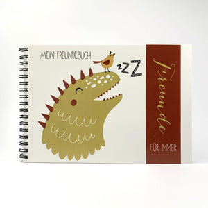 Titelseite Freundebuch Dino in Rot Grün hergestellt von Schatzl's Schatzkisterl aus Österreich