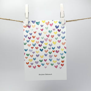 Postkarte Herzlichen Glückwunsch mit bunten Herzen hergestellt von fuerdiekleinen aus Österreich