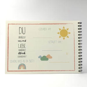 Seite Eckdaten des Kindes vom Taufbuch Regenbogen hergestellt von Schatzl's Schatzkisterl aus Österreich